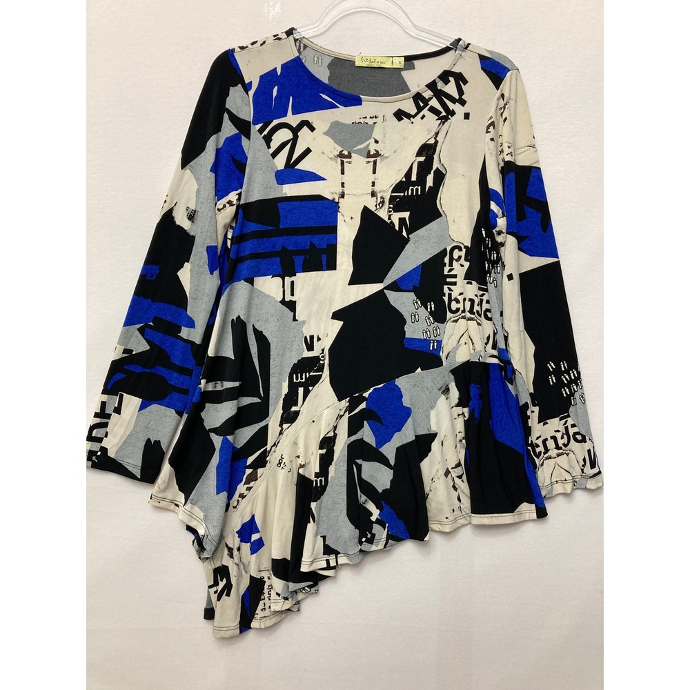 Chalet et ceci Top Small Abstract Asymmetrical Stretch Knit Lagenlook Artsy